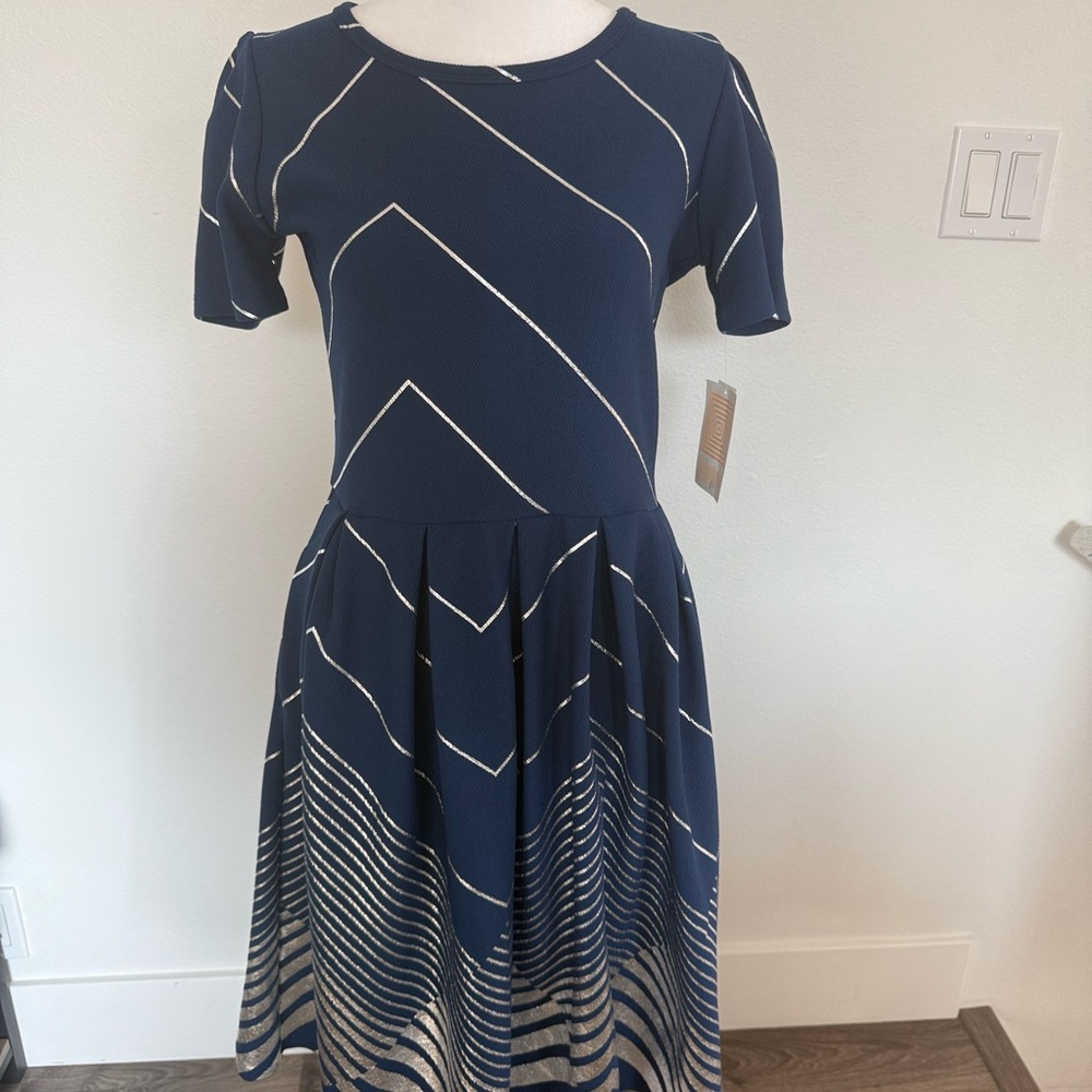 LuLaRoe Navy and Silver Geometric Amelia Midi Dress New With Tags M